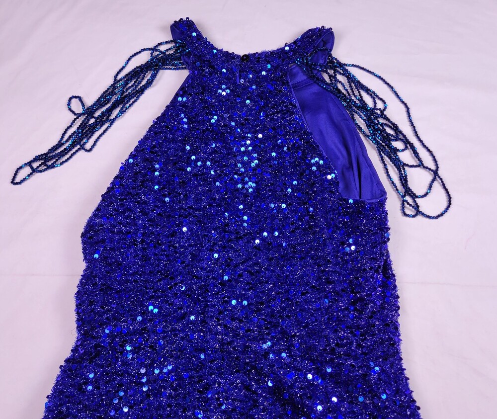 Beaded Sequin Dress Womens Large Blue Halter Mini Cocktail Party Formal Clubwear
